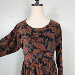 90s Velvet Maxi Dress S Black Red Floral Vintage Grunge Babydoll Long Sleeve